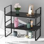 Expandable Kitchen Cabinet Shelf Organizers 3 Pack, Stackable Metal Pantry Storage Shelves Rack, Adjustable Counter Shelf for Cabinets, Countertop, Cupboard Organizers and Storage, Black