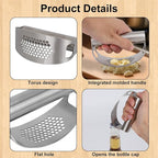 Stainless Steel Hand Garlic Presser Set, Hand Garlic Press with Plastic Peeler Tube and Brush Ginger Crusher Supplies for Kitchen Vegetable Processing Tools