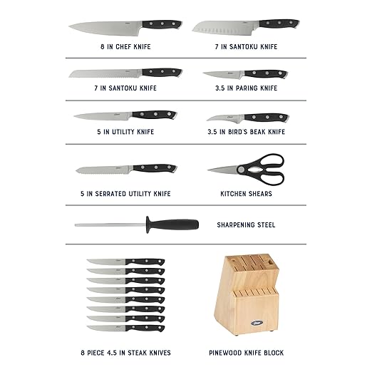 Oster Ginley 18 Piece High Carbon Stainless Steel Cutlery Kitchen Knife Block Set w/ABS Triple Riveted Forged Handle Wood Block - Black - Cuchillos Para Cocina