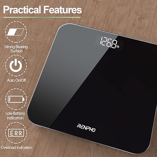 RENPHO Scale for Body Weight, Bathroom Weighing Scale with Backlit LED Display, Highly Accurate & Measures Weight up to 400 lb/180kg, Batteries Included, Black-Core 1S