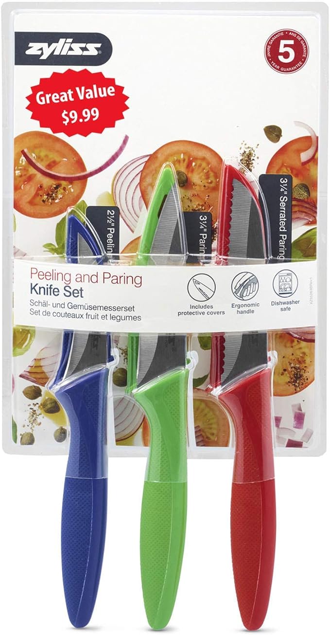 Zyliss 3 Piece Peeling & Paring Knife Set with Covers - Kitchen Knives for Fruits & More - Ideal for Kitchen Collections - Blue, Green, & Red