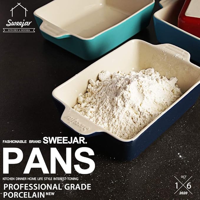 Sweejar Ceramic Baking Dish, Rectangular Small Baking Pan with Double Handles, 20 Oz for Cooking, Brownie, Kitchen, 6.5 x 4.9 x 1.8 Inches(Navy)