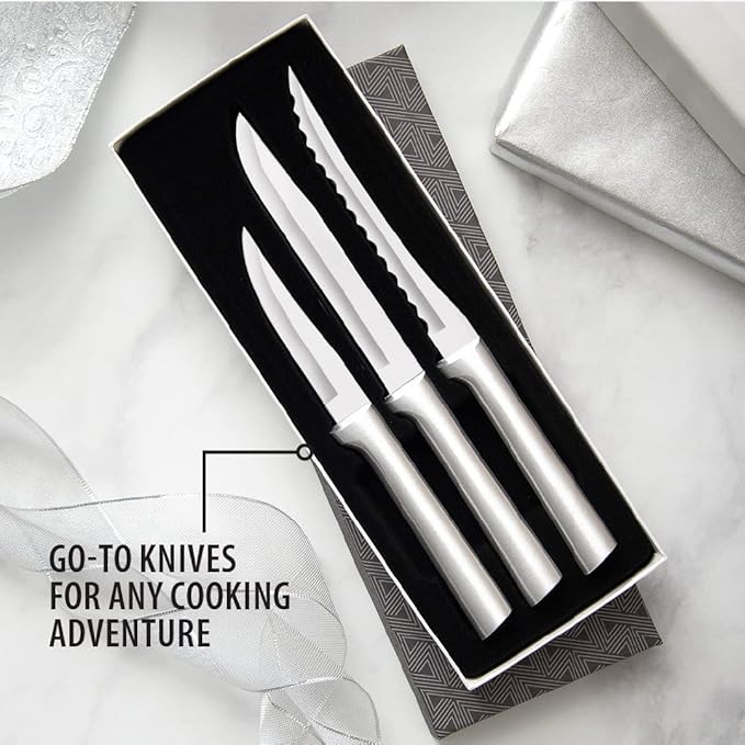 Rada Cutlery 3-Piece Cooking Essentials Knife Gift Set (S49), Stainless Steel Hollow Ground Blades, Made in USA, Silver Handles