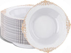 Nervure 50PCS White Plastic Bowls with Rose Gold Rim - 12oz White Disposable Soup Bowls, Heavy Duty Salad Ice Cream Bowl Perfect For Weddings, Parties and Everyday Use