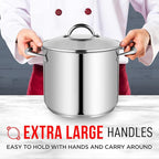 Stainless Steel Stockpot with Tempered Glass Lid 14 Quart, Durable 18/0 Stainless Steel, Impact-Bonded Base for Even Heating, Riveted Handles, Oven & All Stove Compatible, Safe Up To 500°F (260°C)