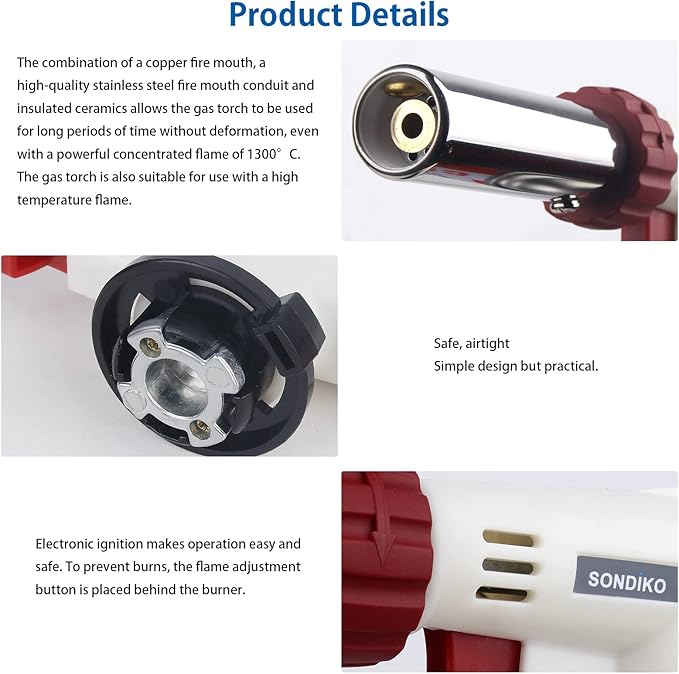 Sondiko Dual Flame Mode Butane Torch Lighter Head, Professional Culinary Torch with Adjustable Flame, Reverse Use for BBQ, Soldering, Red and White, Fuel Not Included.