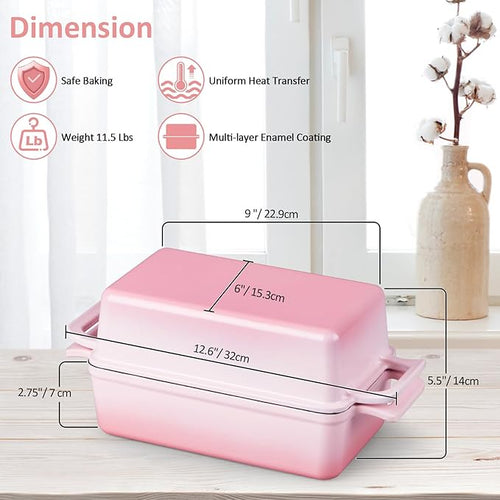 2-in-1 Cast Iron Bread Pan with Lid, Leonyo Enameled Cast Iron Loaf Pan, 9 x 6 inch Sourdough Baking Pan, Homemade Bread Dutch Oven for Pound Cake, Lasagna, Up to 500℉ & Pink