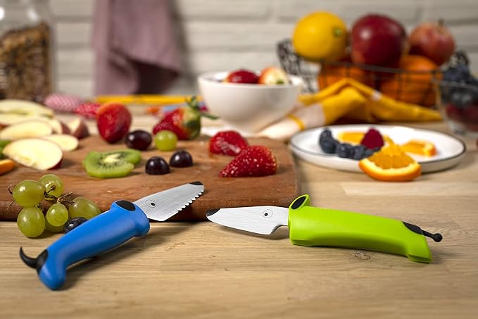 Kuhn Rikon Kinderkitchen® Kids Chef Knife Set With Scissors, 3 Pieces, Green/Blue/White| Cutting Tools Made for Real Cooking | Child Friendly Animal Designs With Hand Guard & Snipper Cover For Safety