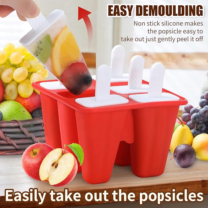 Popsicle Molds,Silicone Ice Pop Molds,BPA Free Popsicle Mold Reusable Easy Release Ice Pop Maker,Homemade Popsicle Mould with Silicone Funnel and Cleaning Brush (Red, 6 Cavities)