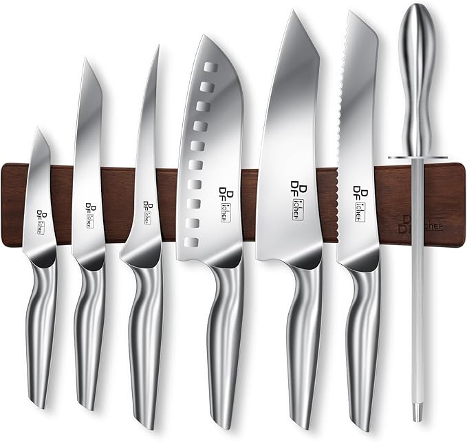 DDF iohEF Knife Set with Knife Strip, 8 Piece Professional Kitchen Knife Set, Japanese High Carbon Stainless Steel Chef Knives Set with Magnetic Knife Holder for Wall