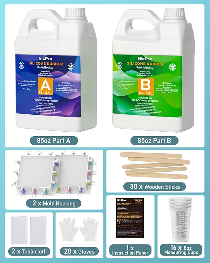 Nicpro 170oz Silicone Mold Making Kit 15A, Translucent Silicone Rubber, Non-Toxic Flexible & Food Safe Mold Kit, Mix Ratio 1:1 Casting Silicone for Resin with Frame Housing