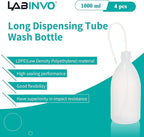4pcs of Economy Wash Bottles, Vol.1000ml (34oz), Narrow-Mouth Squeeze Bottles Bottles, LDPE Material, with Long Dispensing Tube,IN-WBNL1000