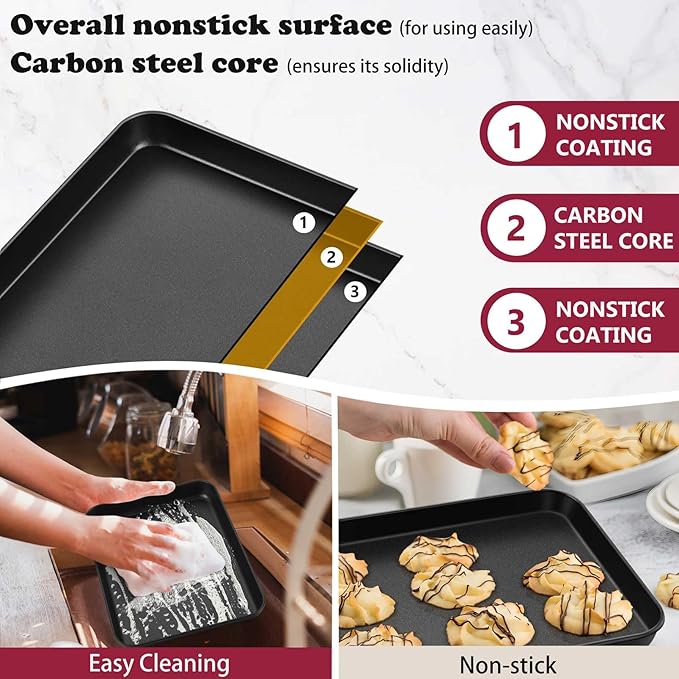 P&P CHEF 10.5 Inch Baking Cookie Sheet Pan, Carbon Steel Oven Tray, Non Stick Bakeware for Cooking Baking Bread Meat Vegetables, Sturdy & Healthy, Easy Clean, 2Pcs