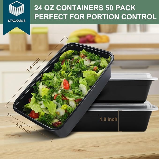 50 Pack (100-Piece) Meal Prep Containers 24 oz, Leakproof Plastic Food Storage Containers with Lids, Disposable To Go Food Containers, BPA-Free, Stackable, Microwave, Dishwasher & Freezer Safe