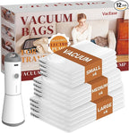Travel Vacuum Bags with Rechargeable Cordless Air Pump, 12 Pack Vacuum Storage Seal Bags for Clothing(4 Large+4 Medium+4 Small), Compression Packing for Clothes Suitcase Luggage