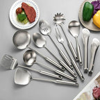 304 Stainlss Steel Kitchen Utensils Set, 11 Pcs Long Metal Cooking Utensil Gadgets Tools Set with Spatula, Ladle, Spoon, Ladle, Skimmer, Tunner, Pasta Server, Tongs(Silver, Dishwasher Safe)