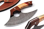 Bushcraft Custom Handmade Damascus Steel Ulu Knife - Alaskan Ulu Knife With Sheath - Multi-Purpose Alloy Steel Knife For Skinning, Hunting, Chopping, (Rose Wood & Olive)