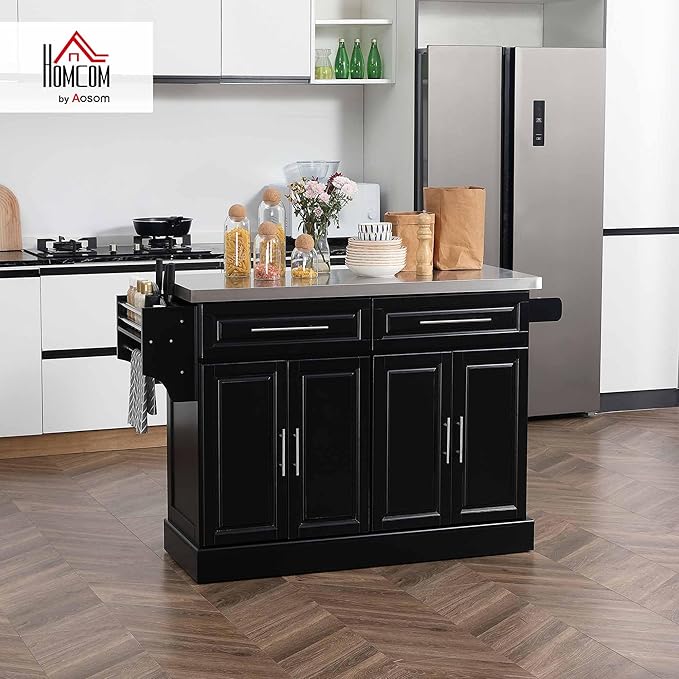 HOMCOM Rolling Kitchen Island Cart with Wheels, Portable Island Table for Kitchen with Stainless Steel Top, Adjustable Shelves, 2 Drawers, Spice, Knife and Towel Rack, Black