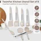 TeamFar Kitchen Utensils Set of 8, Silicone Utensils Kitchen Tools Set with Stainless Steel Handle, for Frying Serving Flipping Draining, Non-toxic & Heatproof, Nonstick & Dishwasher Safe - Khaki