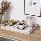 Rustic Vintage Big Wood Food Breakfast Serving Trays with Cutout Metal Handles(20 Inches) Large Nesting Board Decorative Serving Trays Platter in Bed, Ottoman, Coffee Table, BBQ, Party(Washed White