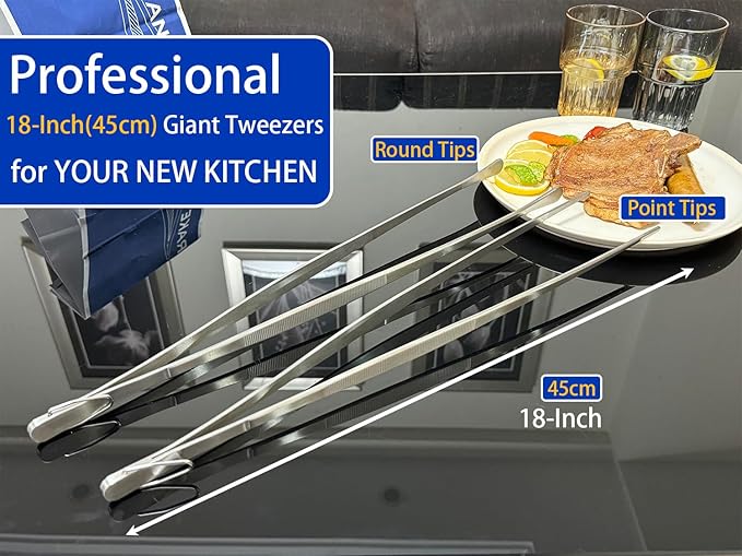 JETKONG 18 Inch (45cm) Extra Long Barbecue Tongs, Heavy Duty Giant Tweezer Tongs for Grilling and BBQ, Set of 2 (Point Tips)