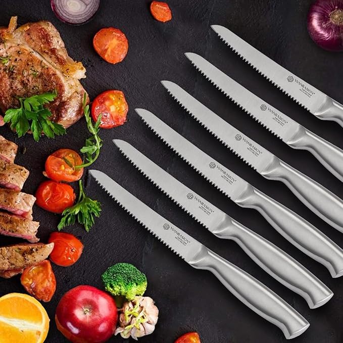 Wanbasion 14Pcs Kitchen Knife Block Set with Sharpener, Sharp Kitchen Knives Set with Block, Stainless Steel Knife Set with Block Dishwasher Safe Silver