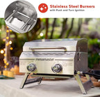 Megamaster 2-Burner Stainless Steel Portable Gas Grill with Built-In Lid, 16,000 BTUs, Foldable Legs, Small Propane Grill for Outdoor Cooking, Camping, Tailgating, Patios, and More - 820-0033M
