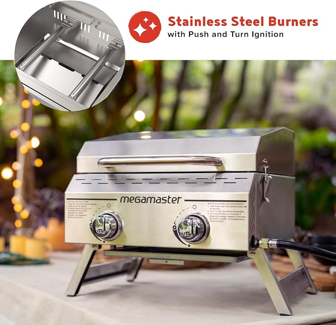 Megamaster 2-Burner Stainless Steel Portable Gas Grill with Built-In Lid, 16,000 BTUs, Foldable Legs, Small Propane Grill for Outdoor Cooking, Camping, Tailgating, Patios, and More - 820-0033M
