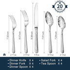 KINGSTONE 20-Piece Silverware Set, 18/10 Stainless Steel Flatware Set - Luxury Elegant Striped Cutlery with Dishwasher Safe, Durable for Family Dining, Catering, Weddings, Anniversaries Gift