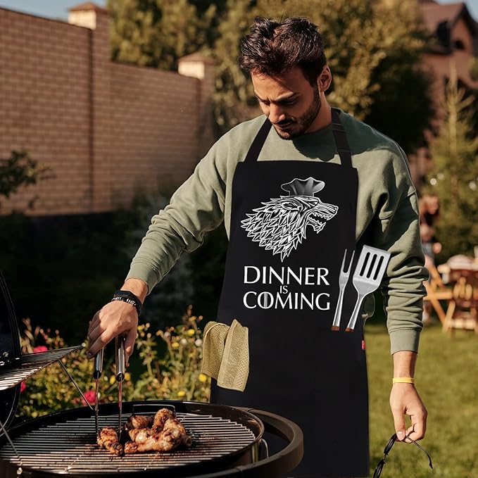 Grill Aprons for Men Women, Dinner is Coming Kitchen Chef Apron with 2 Pockets and 40" Long Ties, Adjustable Bib Apron for Cooking, BBQ, Baking, Gardening, Black