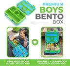 kinsho Bento Lunch Box for Kids Toddlers Boys, 4 Portion Sections Secure, BPA Free Removable Tray, Pre-School Kid Daycare Lunches Snack Container, Green Robot Ages 3 to 5