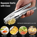 Garlic Press Stainless Steel，Premium Garlic Mincer Tool，No Need to Peel Garlic Ginger Crusher & Masher Easy Squeeze Large Trough Ergonomic Handle，Rust Proof，Dishwasher Safe (5 Years Warranty)