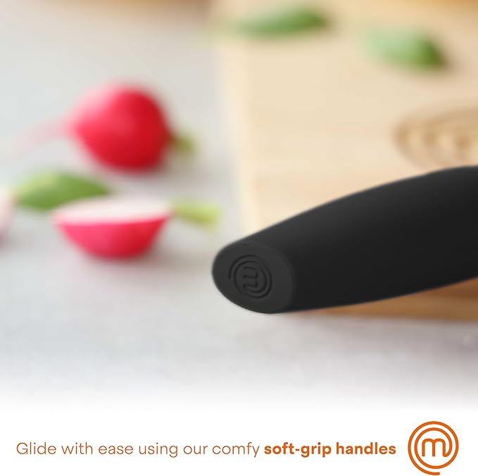 MasterChef Kitchen Knife Set with Covers, 6 Professional Chef Knives for Home Kitchens, Extra Sharp Cutting Stainless Steel Blades & Protective Sheaths, Soft-Touch Easy-Grip Handles, Essential Black