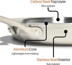 STRATA Carbon Steel Clad 12.5" Frying Pan Skillet, 3-Ply Carbon Steel Cookware with Aluminum Core, Lightweight (3.0 lbs), Even Heating, Stick-Resistant When Seasoned, Versatile & Fast-Heating