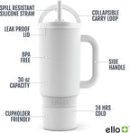 Ello Port 30oz Tumbler with Carry Loop & Integrated Handle | Vacuum Insulated Stainless Steel Reusable Water Bottle Travel Mug | Leak Proof Lid | Flexible Straw | BPA-Free | Dishwasher Safe | White
