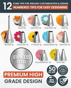 RFAQK 50PCs Cake Decorating Supplies Kit with 12" Aluminum Rotating Cake Turntable Stand, Professional Leveler, Straight & Offset Spatulas, 12 Numbered Icing Tips & Bags