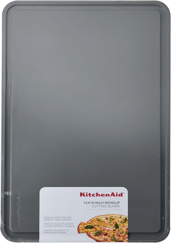 KitchenAid Classic Plastic Cutting Board with Perimeter Trench and Non Slip Edges, Dishwasher Safe, 12 inch x 18 inch, Gray