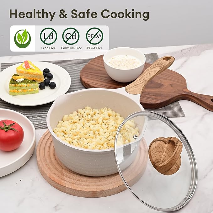 JEETEE 2 Quart Sauce Pan with Lid, Non Stick Small Pot with Coating, Masterclass Cookware Sauce Pot for Cooking, PFOA/PFOS Free(Beige)