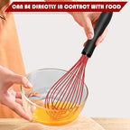 TEEVEA Silicone Whisk Non Scratch Wisking Tool, Metal Wire Stainless Steel Whisk - Small Mini Heat Resistant - Black & Red, 11-Inch