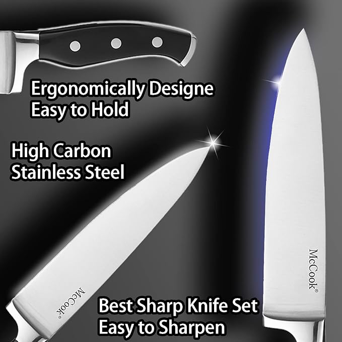 McCook® Knife Sets, German Stainless Steel Kitchen Knives Set with Built-in Sharpener and Wooden Block