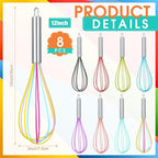 Domensi 8 Pcs 12 Inch Whisks Bulk for Cooking Silicone Whisks Non Scratch Stainless Steel Hand Coated Metal Heat Resistant Egg Beaters for Classroom Cook Party Favor Gift Supplies