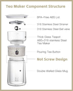 ZENS Cool Glass Teapot with Infuser, Smart One Touch Tea Maker for Loose Tea Diffusers with Insulated Mug and Portable Tea Kits, Enchanted Teapot Alternatives for Tea Lover Gifts
