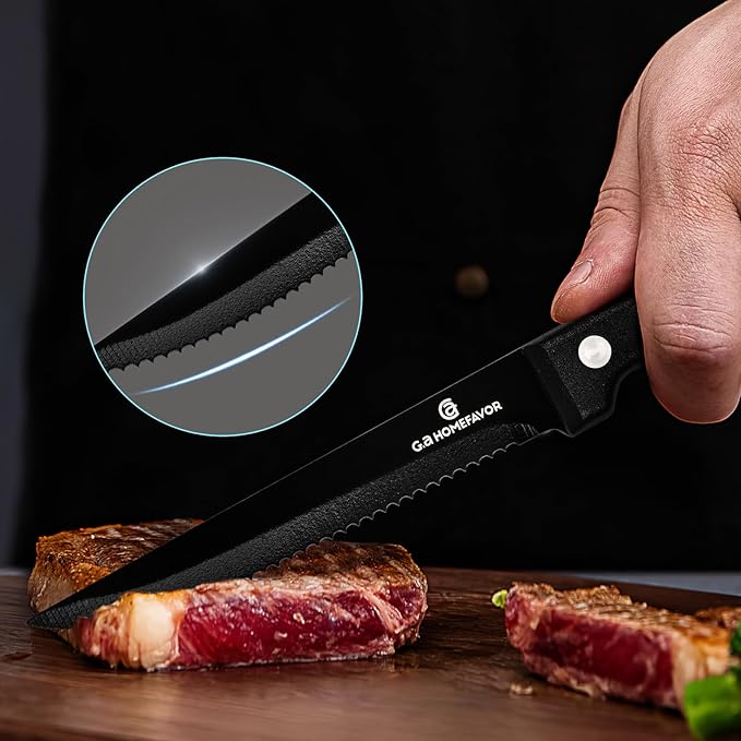 G.a HOMEFAVOR Steak Knife Set: 8-Piece Stainless Steel Sharp Serrated Knives Set with PP Handle for Kitchen, Full Black
