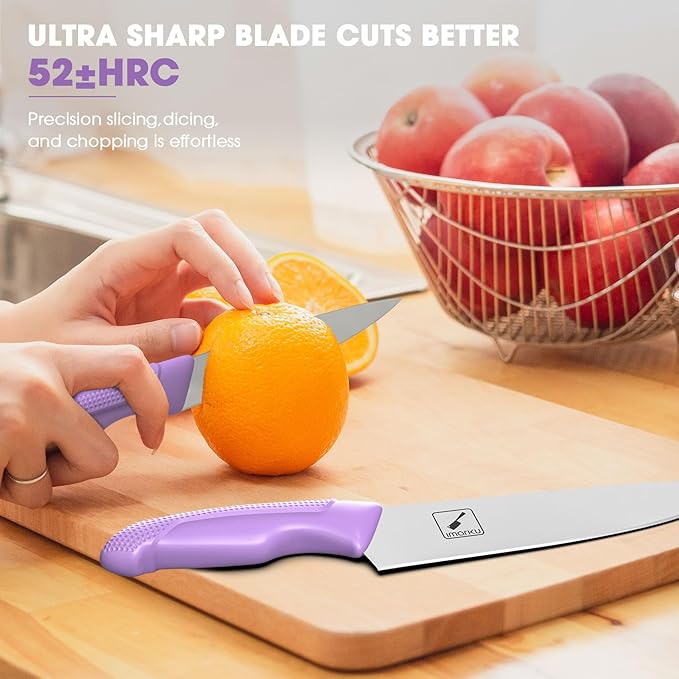 imarku® Kitchen Knife Set, Sharp Knives Set with Built-in Sharpener, Stainless Steel Block Knife Set and Non-Slip Ergonomic Handle, Dishwasher Safe, 14 PCS Professional Knife Set for Gift, Lavender