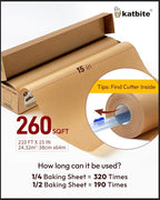 Katbite Unbleached Parchment Paper for Baking, 15 in x 210 ft, 260 Sq.Ft, Heavy Duty Baking Paper with Slide Cutter, Non-stick Brown Parchment Paper Roll for Cooking, Air Fryer, Steaming, Baking Bread