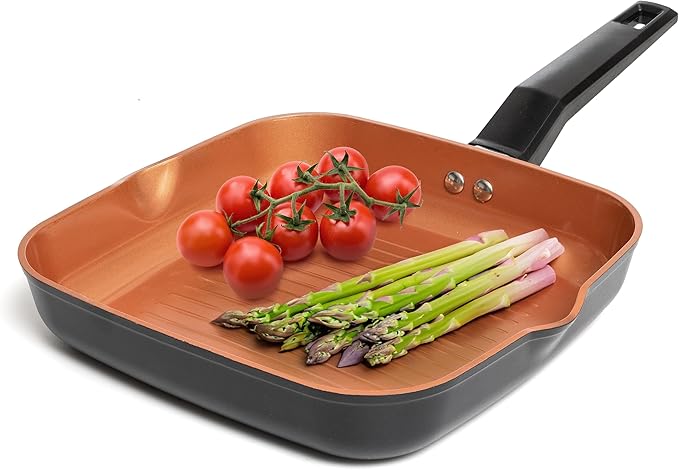 Moss & Stone Square Grill Pan For Indoor Cooking, 9.5In Frying Pan Copper Non-Stick Saute Fry Pan, Induction Copper Pan for Meats & Vegetables, Aluminum Griddle Nonstick Stove Top Grill Pan
