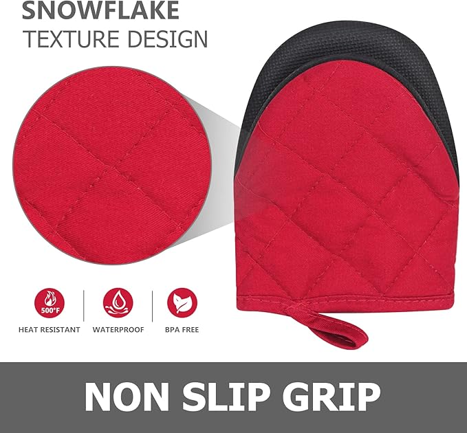 1 Pair Short Oven Mitts, Heat Resistant Silicone Kitchen Mini Oven Mitts for 500 Degrees, Non-Slip Grip Surfaces and Hanging Loop Gloves, Baking Grilling Barbecue Microwave Machine Washable