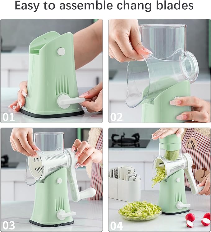 VEKAYA Rotary Cheese Grater, 5 in 1 Cheese Grater with Handle, Replaceable Stainless Blades Cheese Shredder, Cheese Vegetable Slicer, Easy to Clean Kitchen Gadgets with Storage Box