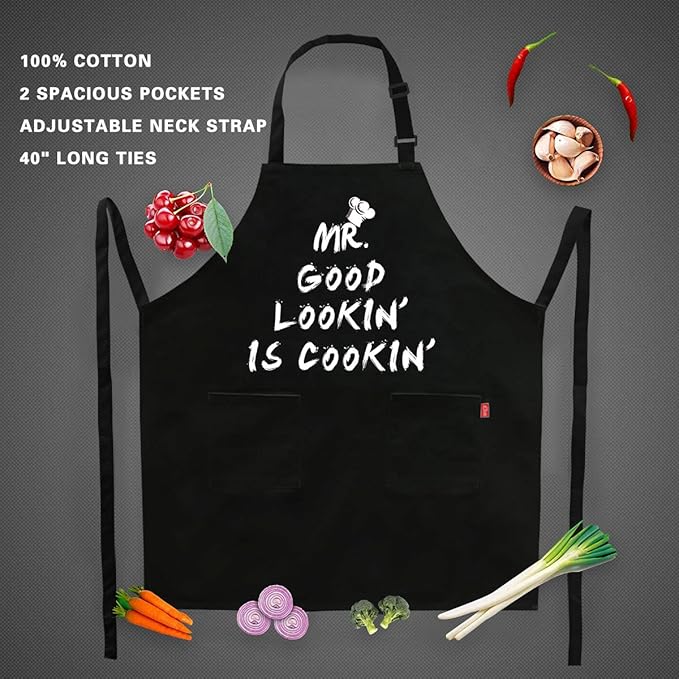 Kitchen Chef Apron - MR. GOOD LOOKIN' IS COOKIN' Funny Aprons for Men Dad - Adjustable Bib Apron with 2 Pockets and 40" Long Ties, Perfect for Cooking, Grilling, BBQ, Baking - Black