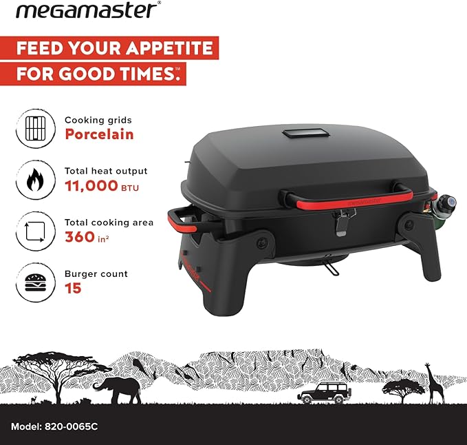 Megamaster 820-0065C 1 Burner Portable Gas Grill for Camping, Outdoor Cooking , Outdoor Kitchen, Patio, Garden, Barbecue with Two Foldable legs, Red + Black